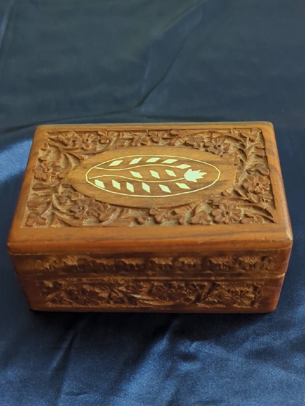 Hand-Carved Wooden Jewelry Box with Inlay - Brown